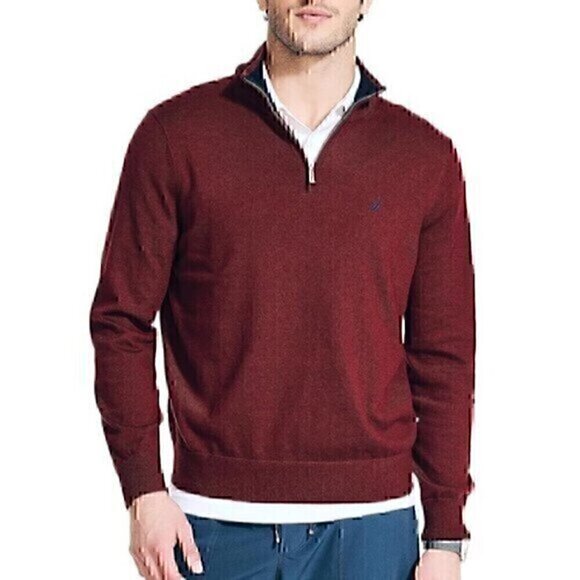 NAUTICA Mens Burgundy Maroon Collared 1/4 Zip Cotton Pullover Sweater Sweatshirt - Picture 1 of 10